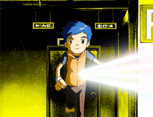 a boy with blue hair is holding a flashlight in front of a yellow exit sign