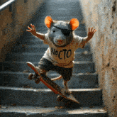 a mouse wearing a shirt that says nocto is riding a skateboard down a set of stairs
