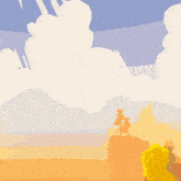 a cartoon drawing of a lizard looking at a cloudy sky