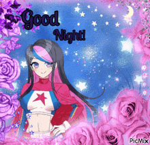 a girl in a superhero costume is surrounded by pink roses and the words good night
