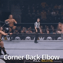 a corner back elbow is being performed by a wrestler in a wrestling ring