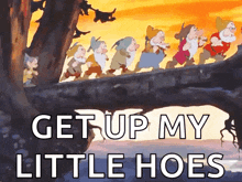 a group of dwarfs are walking across a bridge and the caption says get up my little hoes