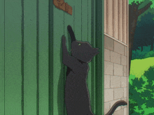 a black cat climbs up a green wall with a sign that says ' g.i. '