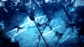 a person is standing on a rock in the water with a sword .