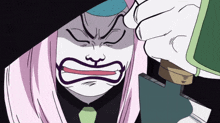 a cartoon character with pink hair and a purple mouth is holding a knife