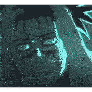 a pixelated image of a person 's face in a dark room .