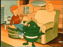 a cartoon of a boy sitting on a stool next to a green robot with the word adc on the bottom right