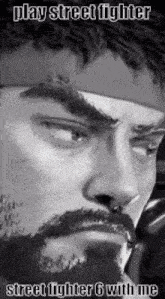 a black and white photo of a man with a beard wearing a headband and a bandana .