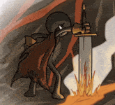 a cartoon of a stick figure holding a sword in front of a fire