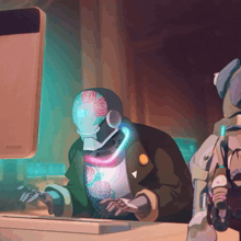 a cartoon of a robot sitting in front of a computer monitor
