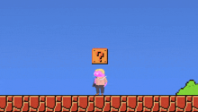 a pixel art drawing of a man standing next to a question mark block