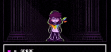 a pixel art of a person talking to another person in a room .