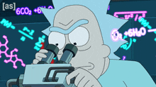 a cartoon of rick looking through a microscope with the letters [ as ] behind him
