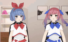 two anime girls are standing next to each other with one wearing a red bow on her head