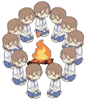 a group of cartoon characters are sitting around a fire