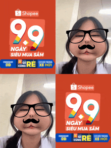 a girl wearing glasses and a mustache is featured on a shopee ad