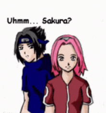 a man and a woman are standing next to each other with the words uhmm sakura on the bottom