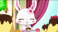 a cartoon rabbit with a flower on her head is eating pudding