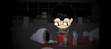 a cartoon of a man standing in a room with a sword