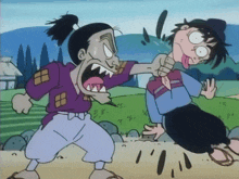 a cartoon of a man holding another man 's arm with his mouth open