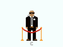a pixel art illustration of a man talking on a cell phone with a speech bubble that says no