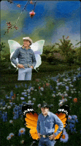 a man in a cowboy hat is standing in a field of flowers with butterfly wings