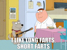 a cartoon of a dog playing a guitar and a man saying i like long farts short farts