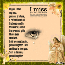 a picture of a crying angel with a quote that says i miss you and your smile