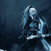 a woman with long white hair is holding a sword in her hands .