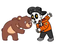 a cartoon drawing of a skeleton and a brown bear