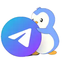 a blue penguin is holding a blue circle with a white triangle in the middle