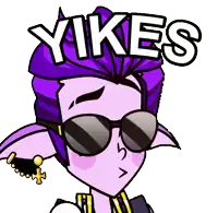 a cartoon character with purple hair and sunglasses says " yikes " in white letters