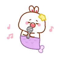 a cartoon rabbit is singing into a microphone while wearing a purple tail .