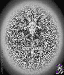a black and white image of a pentagram with a cross and a snake