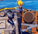 a cartoon illustration of a boat with a steering wheel and a speaker