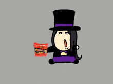 a cartoon character wearing a top hat and holding a bag of ramen noodles