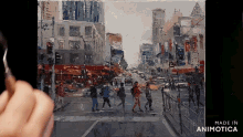 a painting of people crossing a street with the words made in animotica below it
