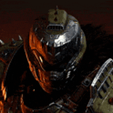 a close up of a person wearing a helmet and armor
