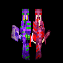 two minecraft characters standing next to each other with one holding a shield and the other holding a sword