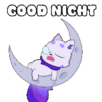 a cartoon cat is sleeping on a crescent moon with the words good night written above it