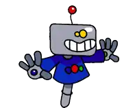 a cartoon drawing of a robot wearing a blue sweater