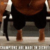 a man doing push ups with the words " champions are made in secret " below him