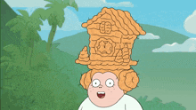 a cartoon character has a house on his head