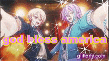 a picture of two anime characters with the words god bless america on the bottom
