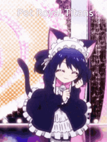 a girl in a cat costume is singing into a microphone with the words pot royal titans written above her