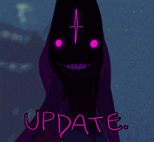 a drawing of a monster with the word update written in neon
