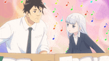 a man and a girl are standing next to each other with music notes flying in the background
