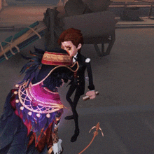 a man in a suit is holding a skull and a woman in a pirate outfit is holding a skull