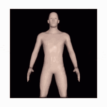 a 3d model of a naked man with his arms outstretched is sitting in a black box .