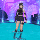 a woman in a crop top and shorts is dancing in front of a purple background